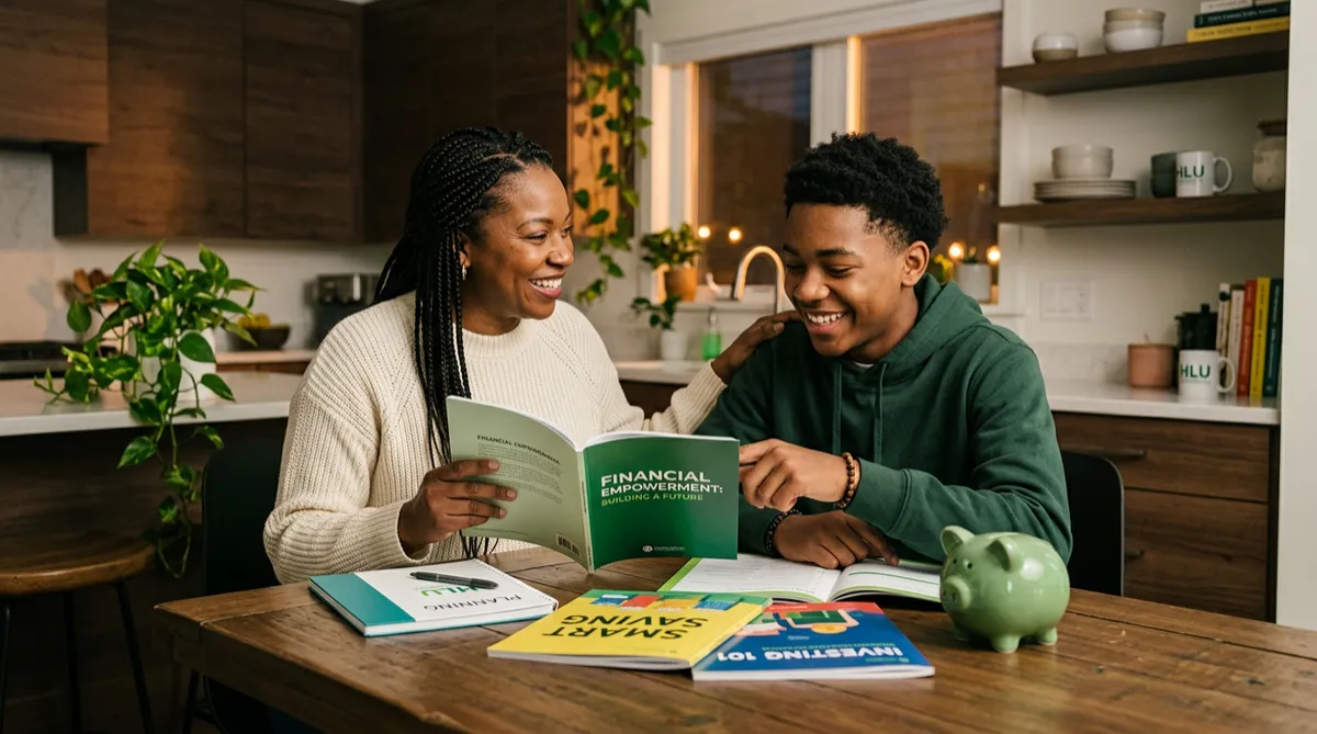 African American mother and teenage son reviewing financial literacy materials together happily