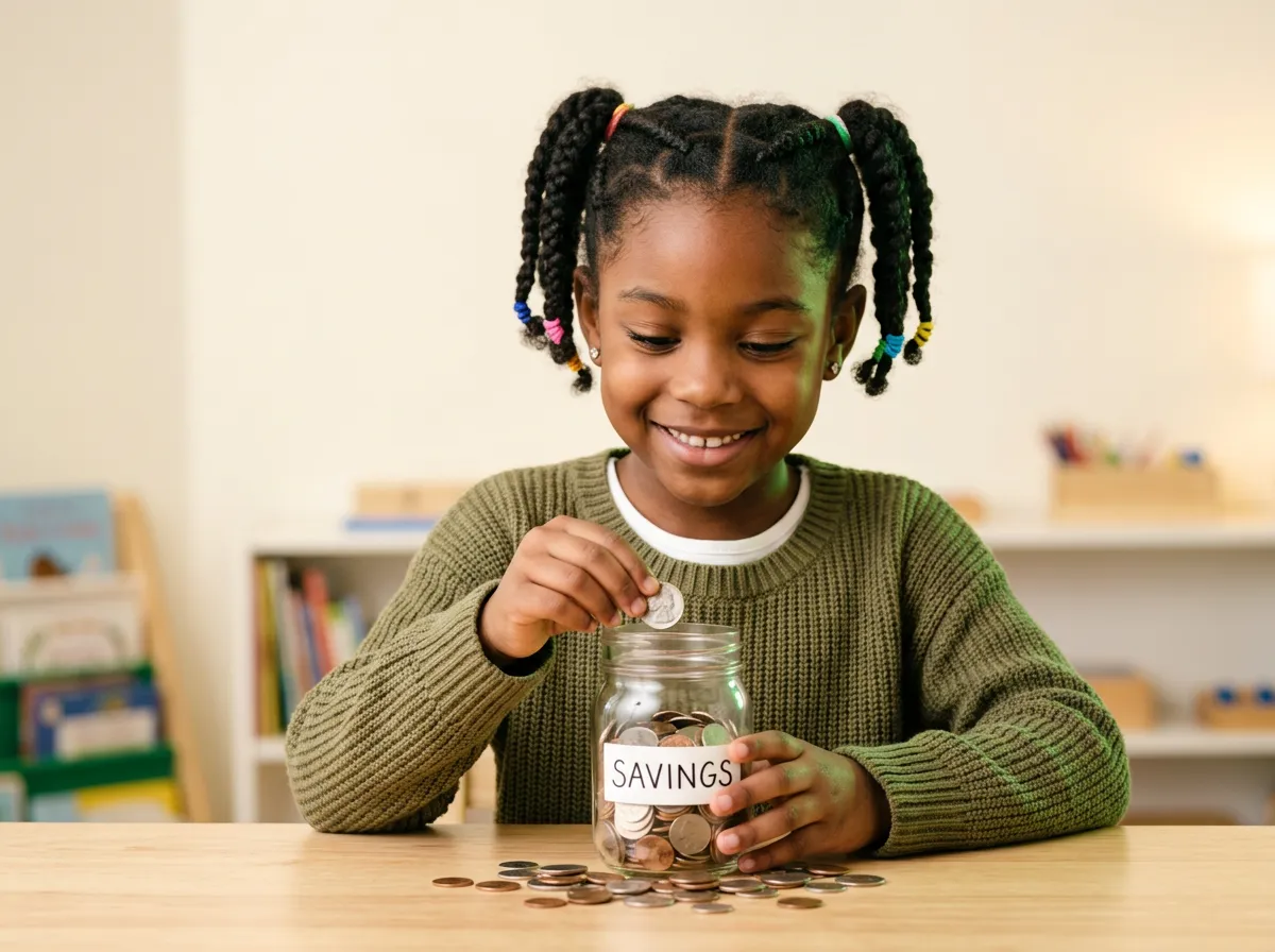 Young elementary student counting coins during an interactive money activity