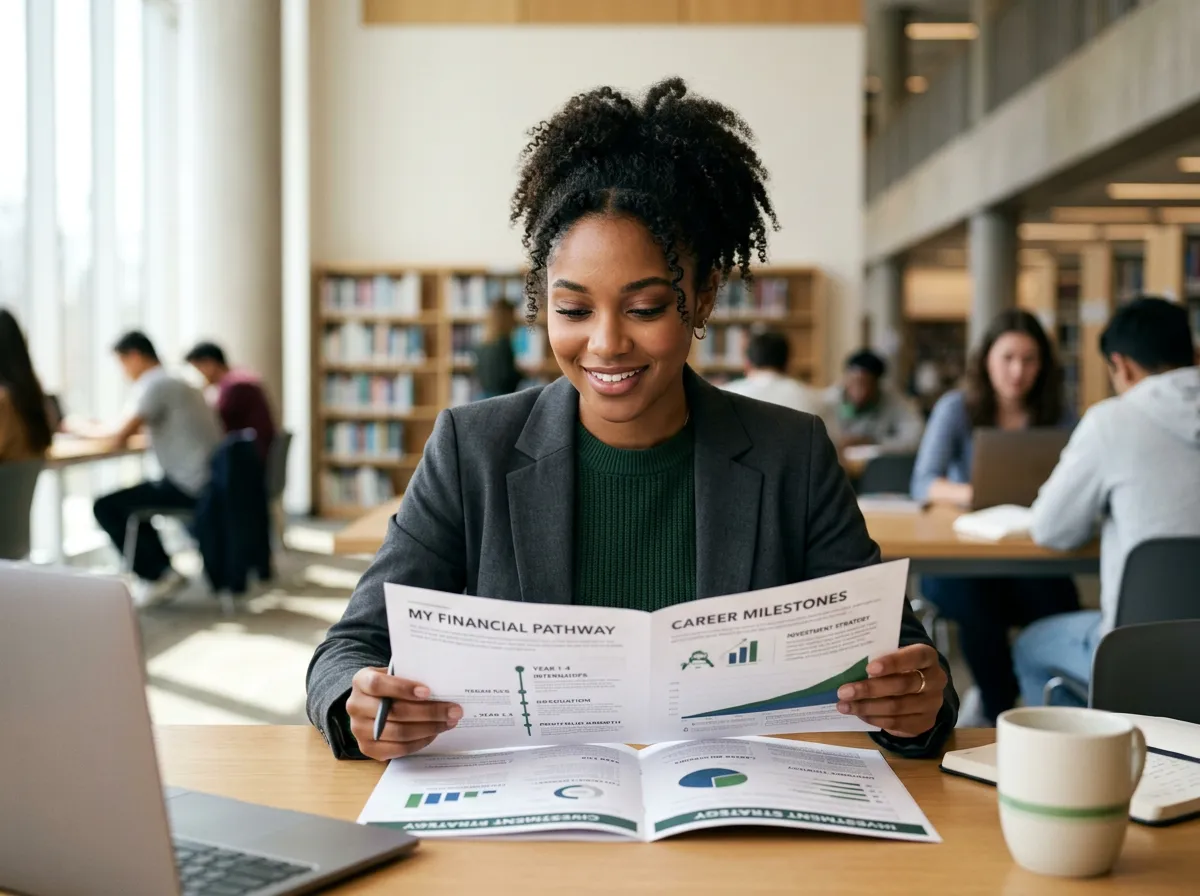 Young adult college student planning an independent career path and investment roadmap