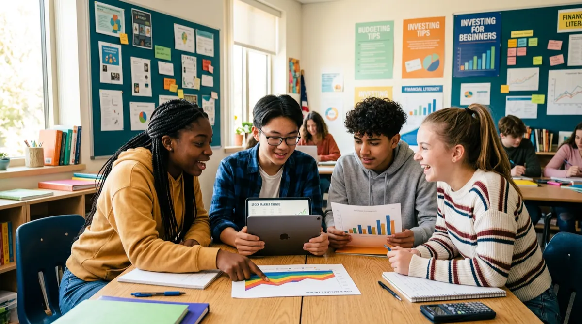 High school classroom instructor guiding diverse youth through interactive money lessons