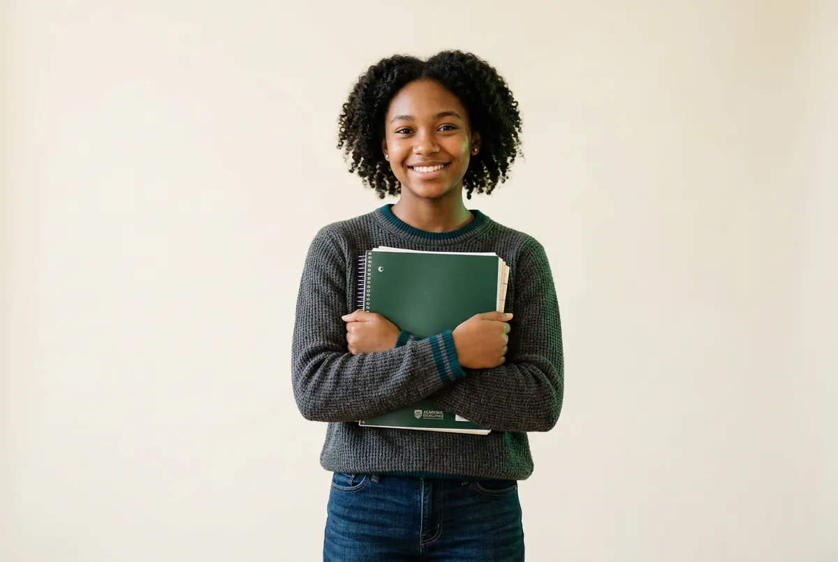 Empowered Black student smiling proudly in a modern learning classroom with financial education materials