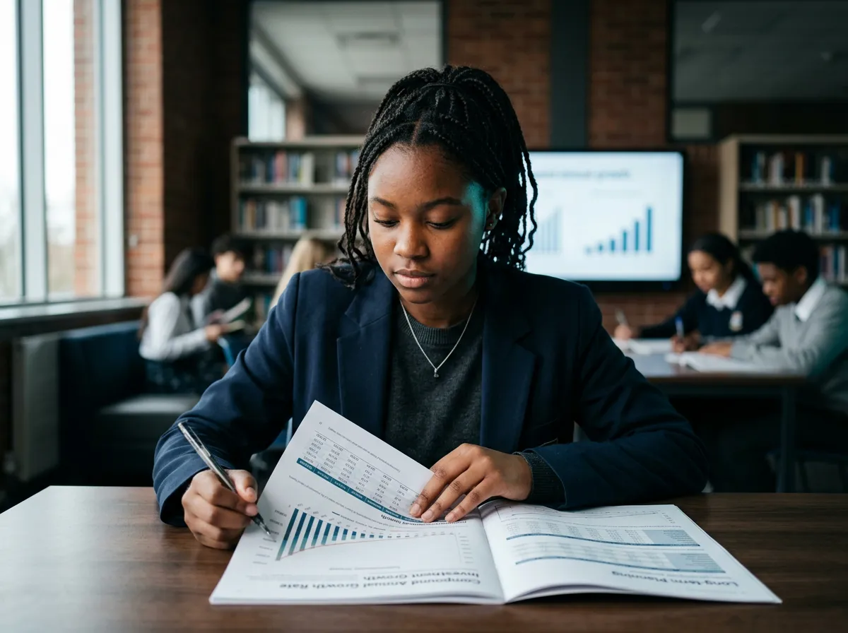 Teenage high school students reviewing compound growth charts in a modern classroom