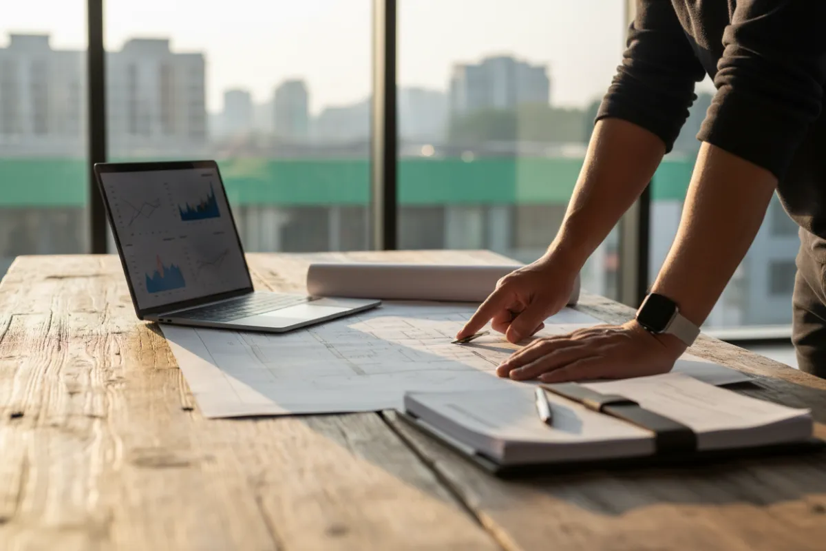 Confident investor reviewing architectural plans with laptop and loan documents, photorealistic, morning light