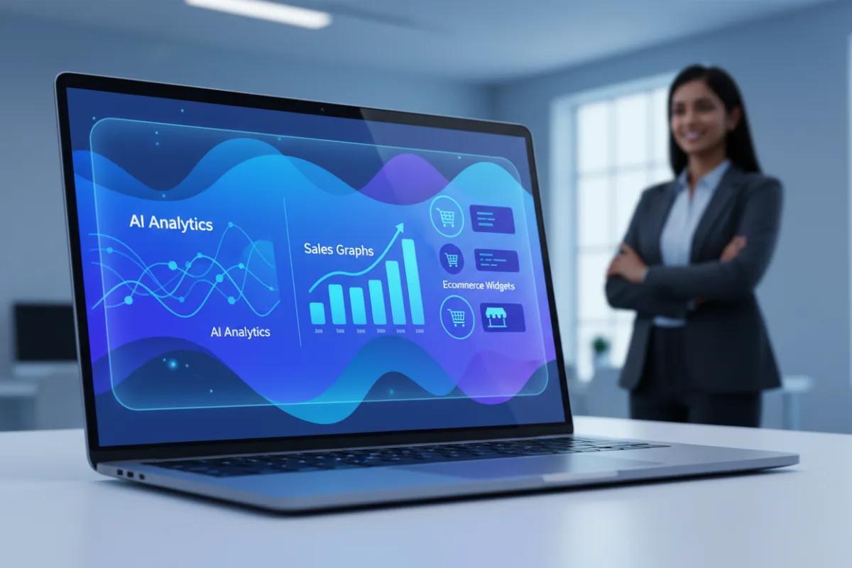 A modern, stylized dashboard interface showing AI analytics, sales graphs, and ecommerce widgets on a laptop screen, with a diverse business owner in the background, vibrant blue gradients, 3:2 aspect ratio