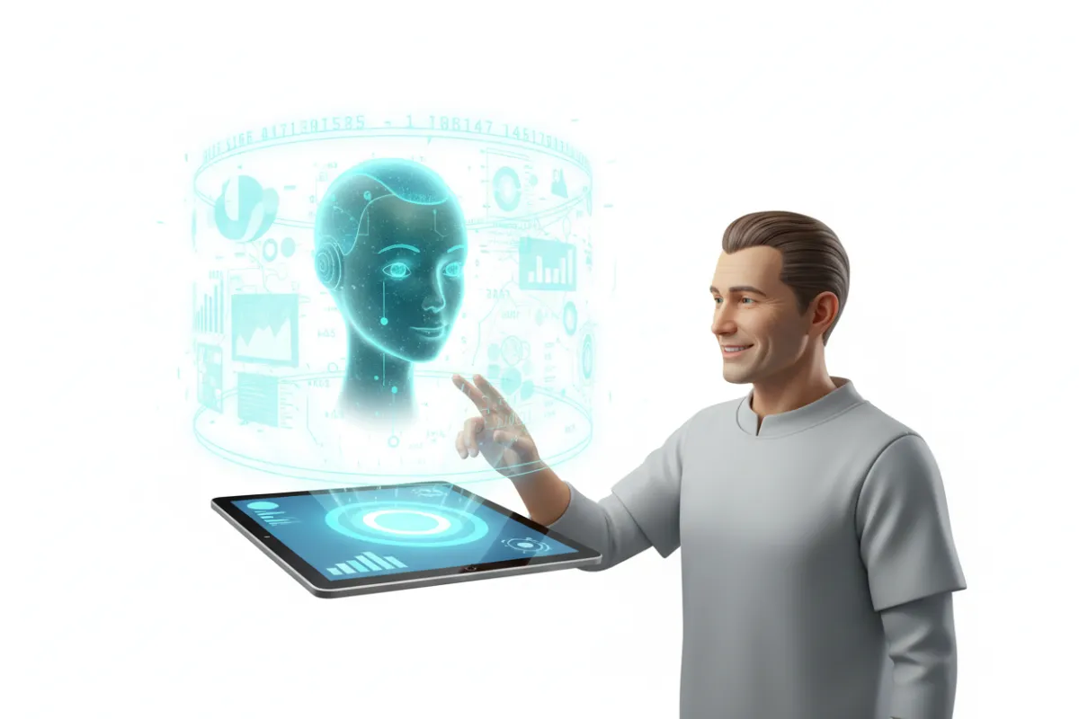 A friendly AI assistant hologram projecting data insights above a tablet, with a smiling store owner interacting, clean white background, 3:2 aspect ratio.