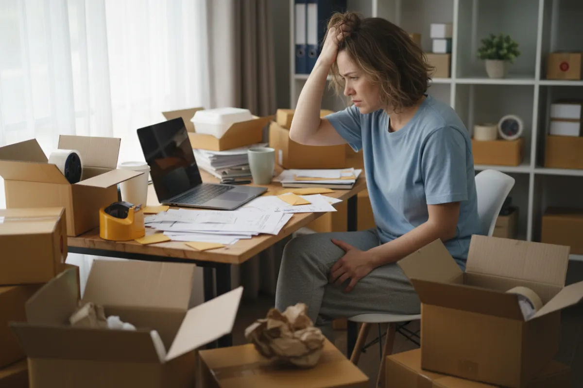 A small business owner at a cluttered desk, surrounded by shipping boxes and paperwork, looking frustrated while checking a laptop, soft daylight, 3:2 aspect ratio.