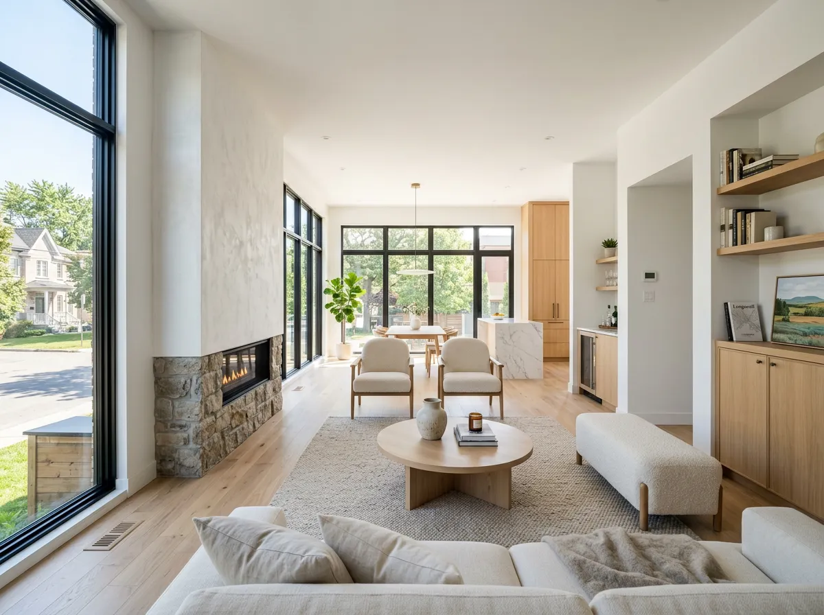 Design d’intérieur contemporain à Longueuil (Québec) — salon rénové lumineux, matériaux nobles et volumes optimisés