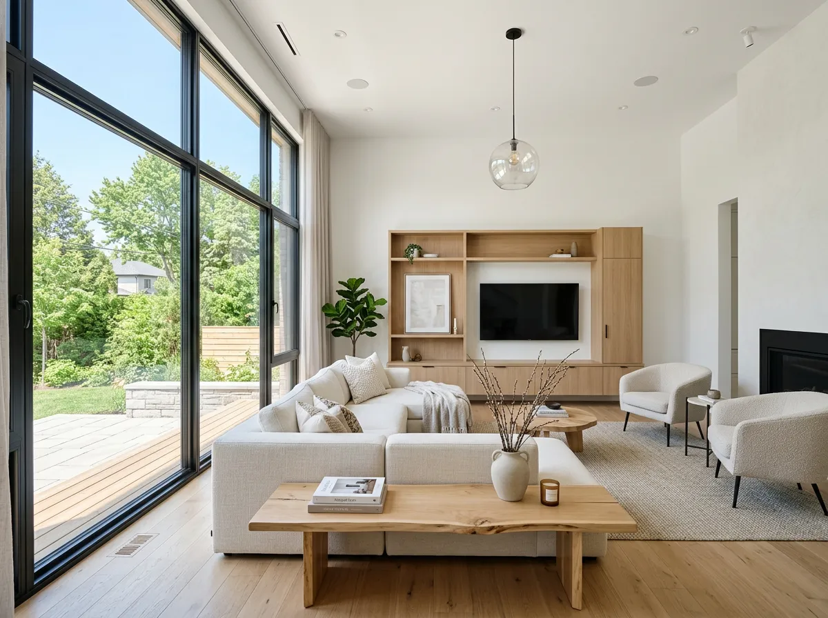 Rénovation résidentielle haut de gamme à Laval (Québec) — salon lumineux, lignes épurées, ambiance premium