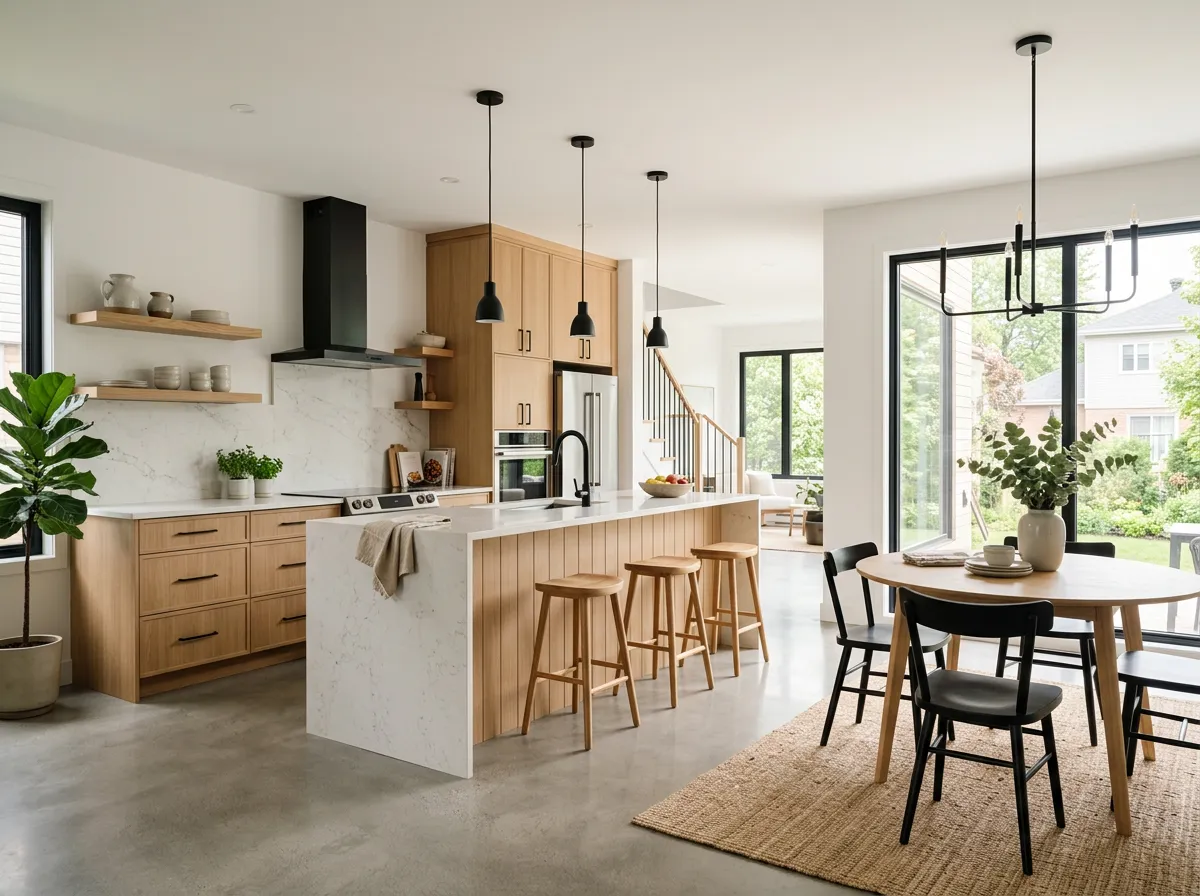 Rénovation résidentielle à Longueuil (Québec) — cuisine et salle à manger contemporaines, lumière naturelle et finitions haut de gamme