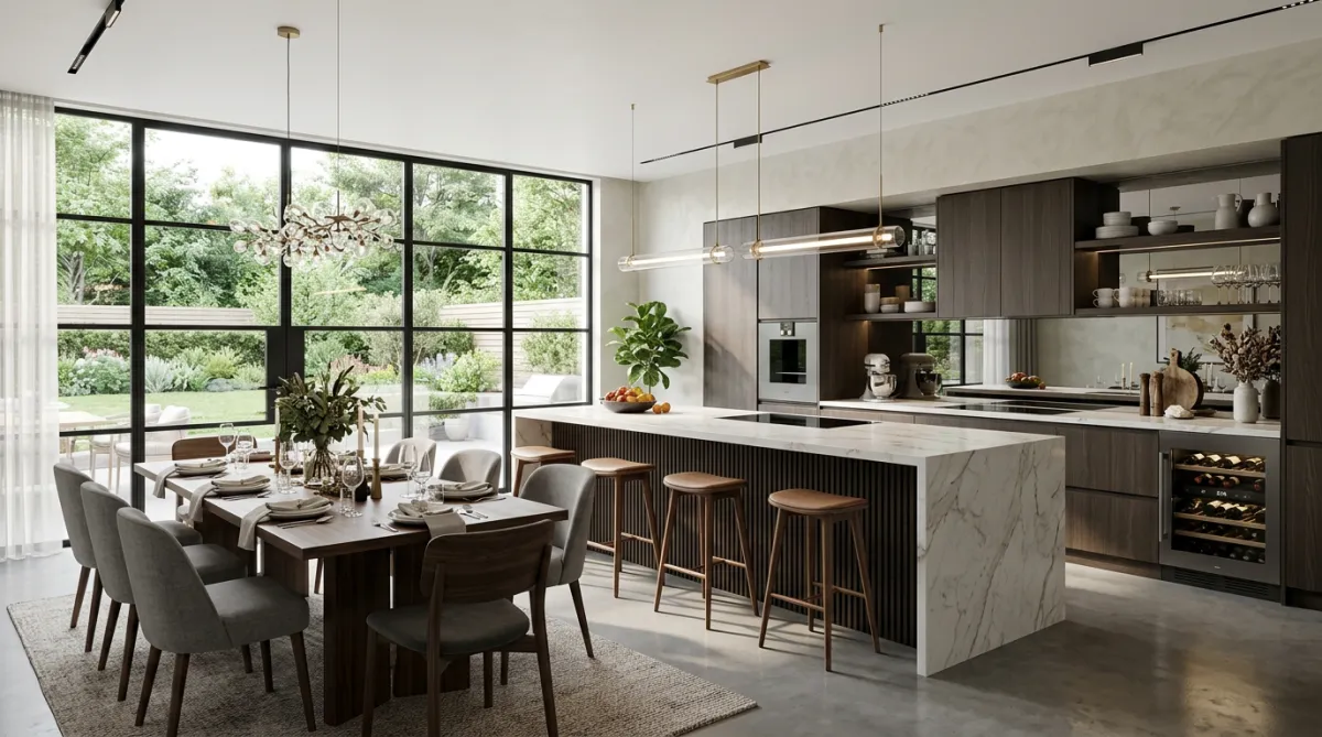 Rendu 3D photoréaliste d’une rénovation résidentielle haut de gamme (cuisine et espace de vie), éclairage architectural et matériaux premium