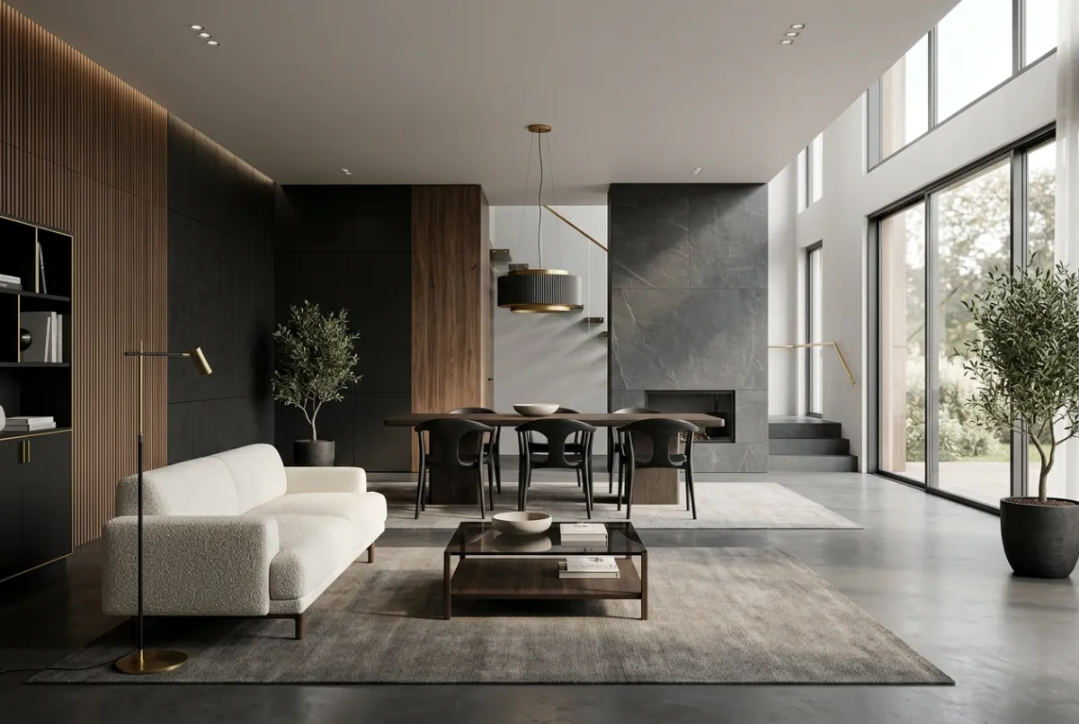 Rendu 3D photoréaliste d'un intérieur architectural contemporain à Montréal avec éclairage soigné et matériaux nobles