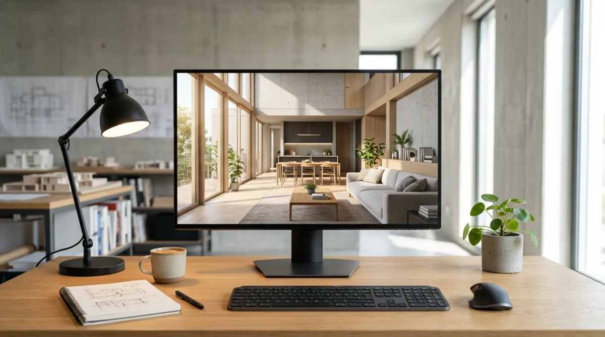 Visualisation 3D d’un intérieur résidentiel contemporain affichée sur écran (rendu 3D)
