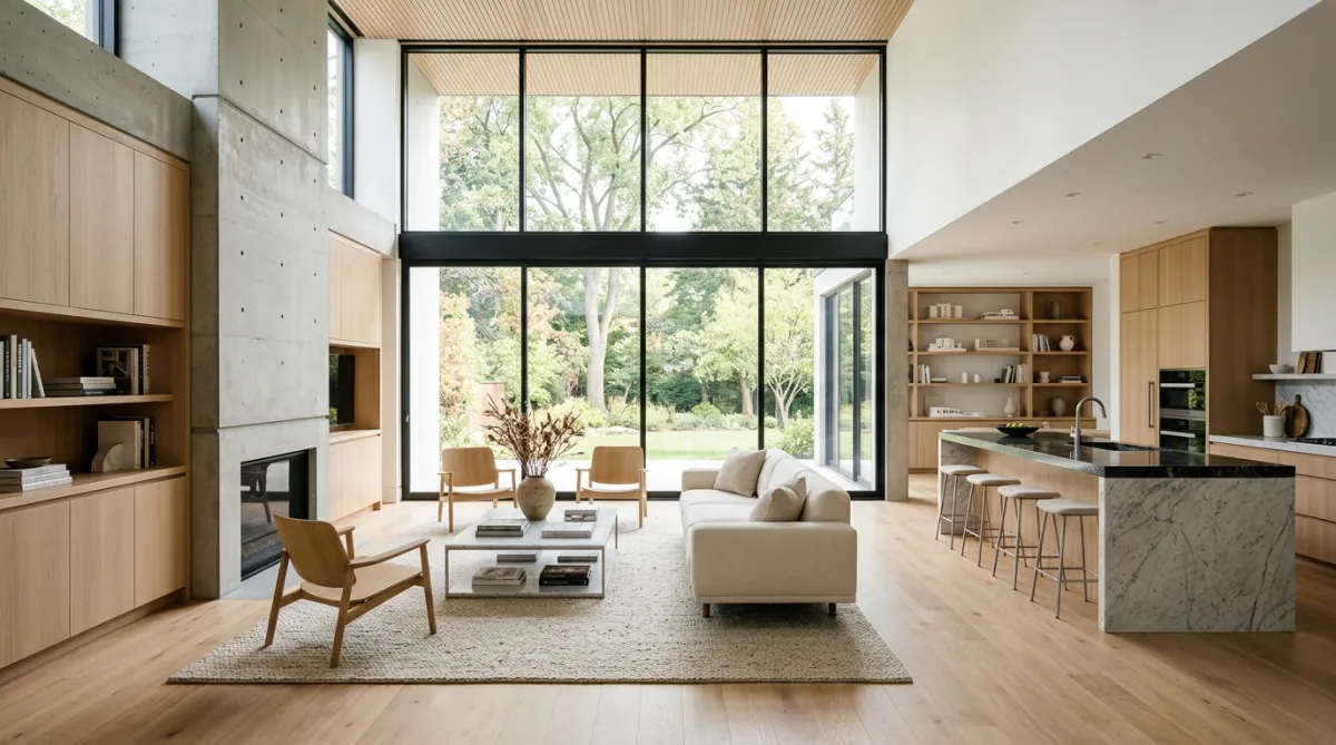 Intérieur résidentiel contemporain haut de gamme, lumineux et minimaliste (design intérieur)