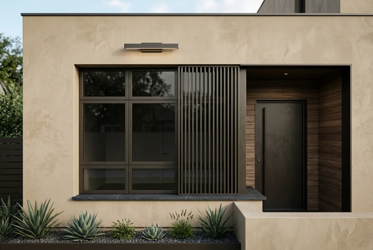 Tall 3D architectural digital art rendering of a contemporary modern home facade with weather-resistant earth-toned mineral finish