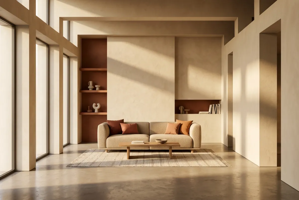 Tall 3D architectural digital art rendering of a sunlit living room with flawless matte clay interior walls