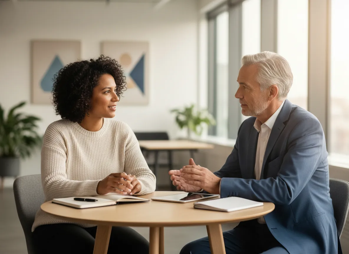 Calm professional conversation in a modern office