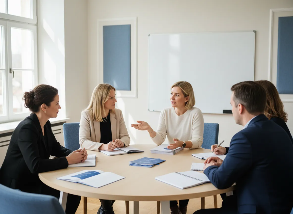 Calm educational workshop setting with notebooks and light tones