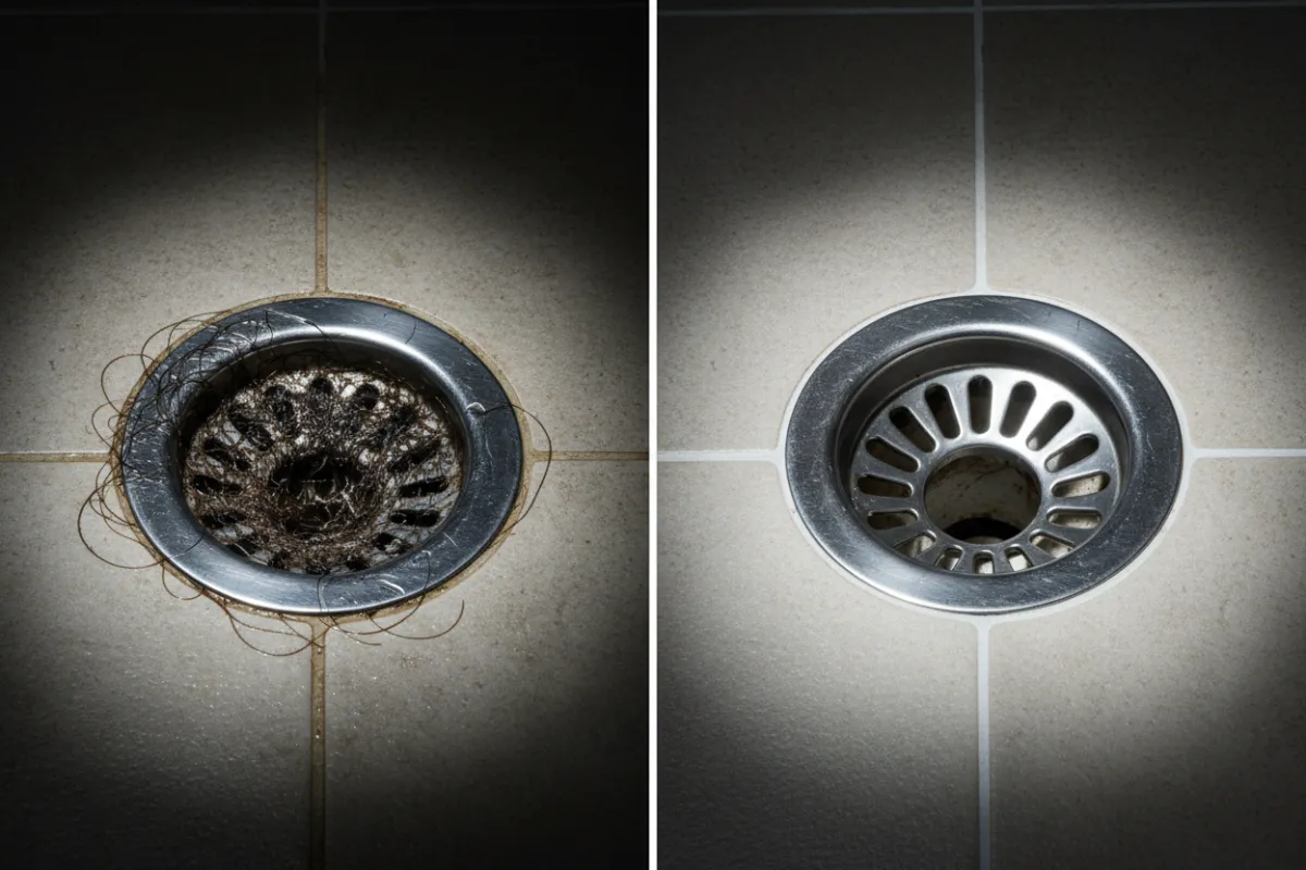 Before-and-after split photo of a bathroom floor drain