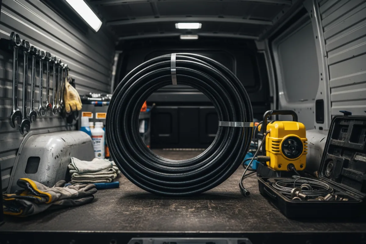 Neatly coiled drain hose and maintenance tools on a van platform, showing readiness and organization.