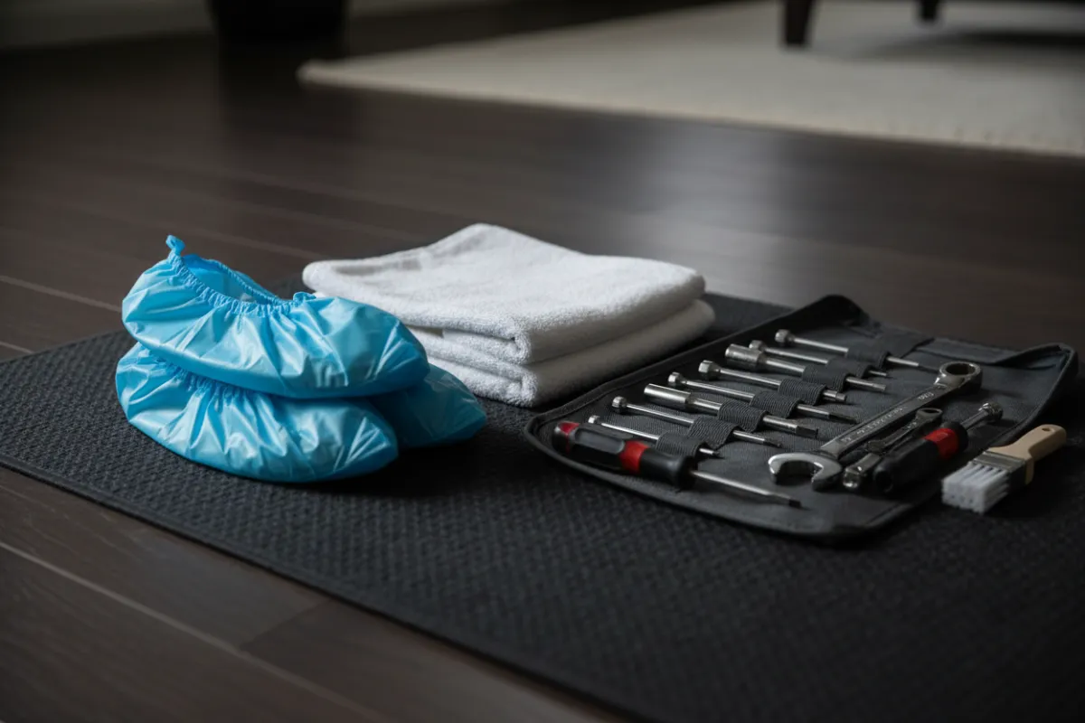 Protective shoe covers, towels and tidy toolkit on a mat inside a home, emphasising cleanliness and care.
