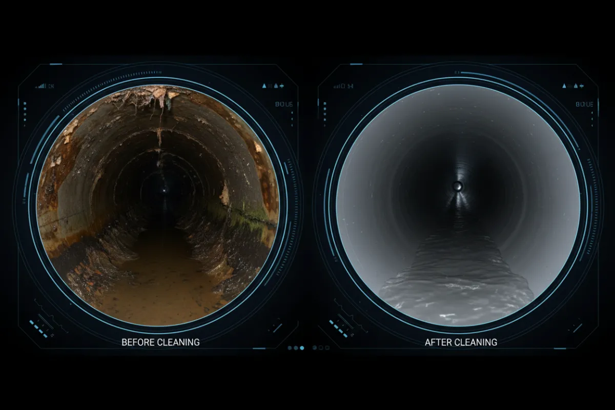 Drain camera feed showing pipe interior before and after cleaning