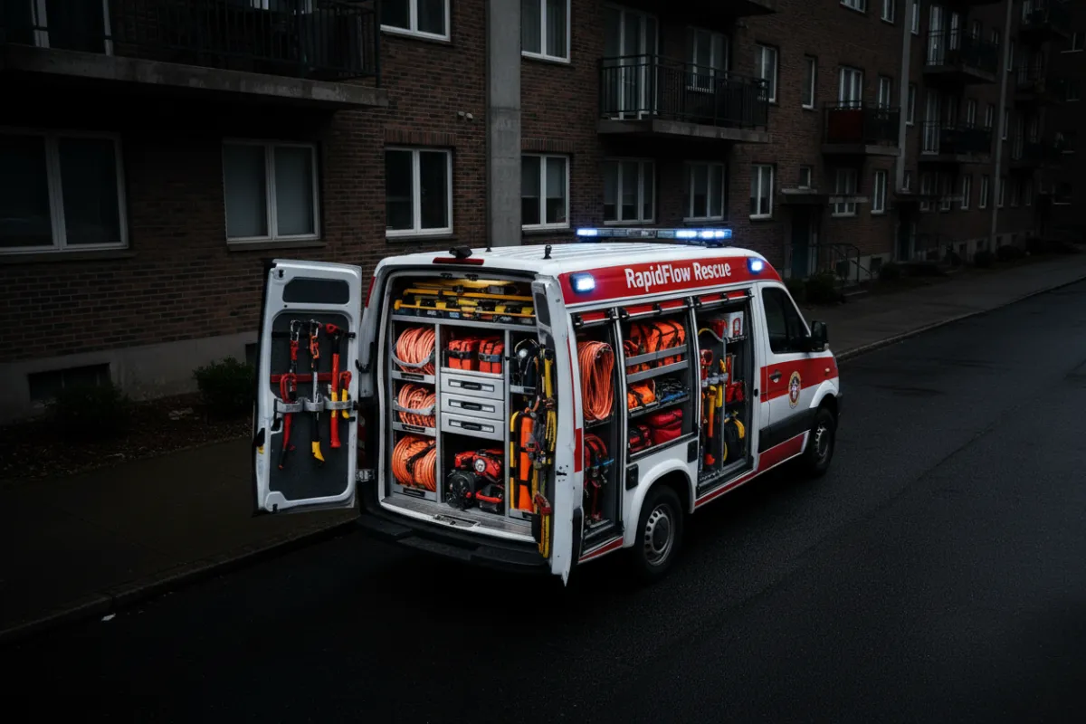 RapidFlow Rescue van parked outside a residential building