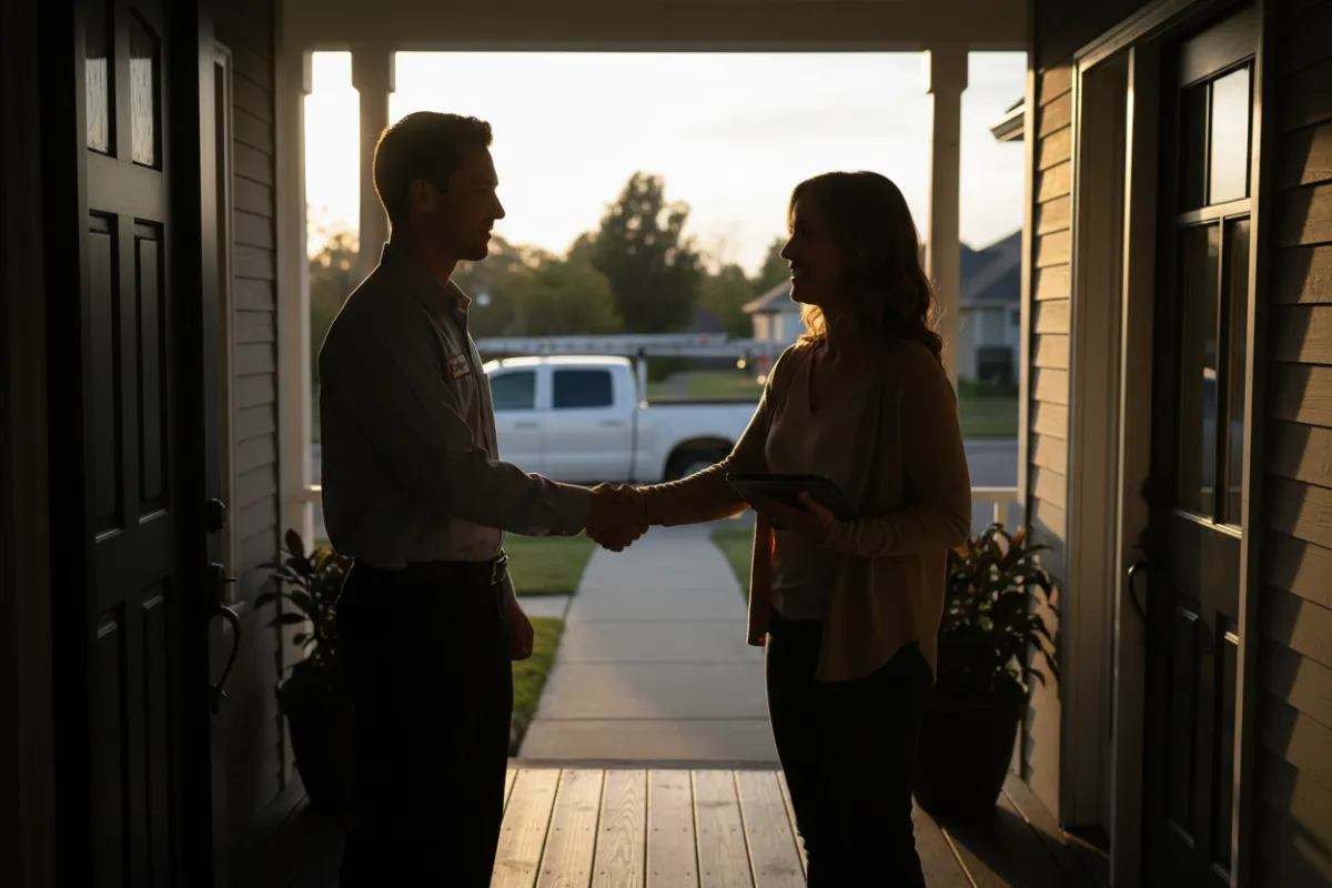 Technician shaking hands with a smiling homeowner after completing work