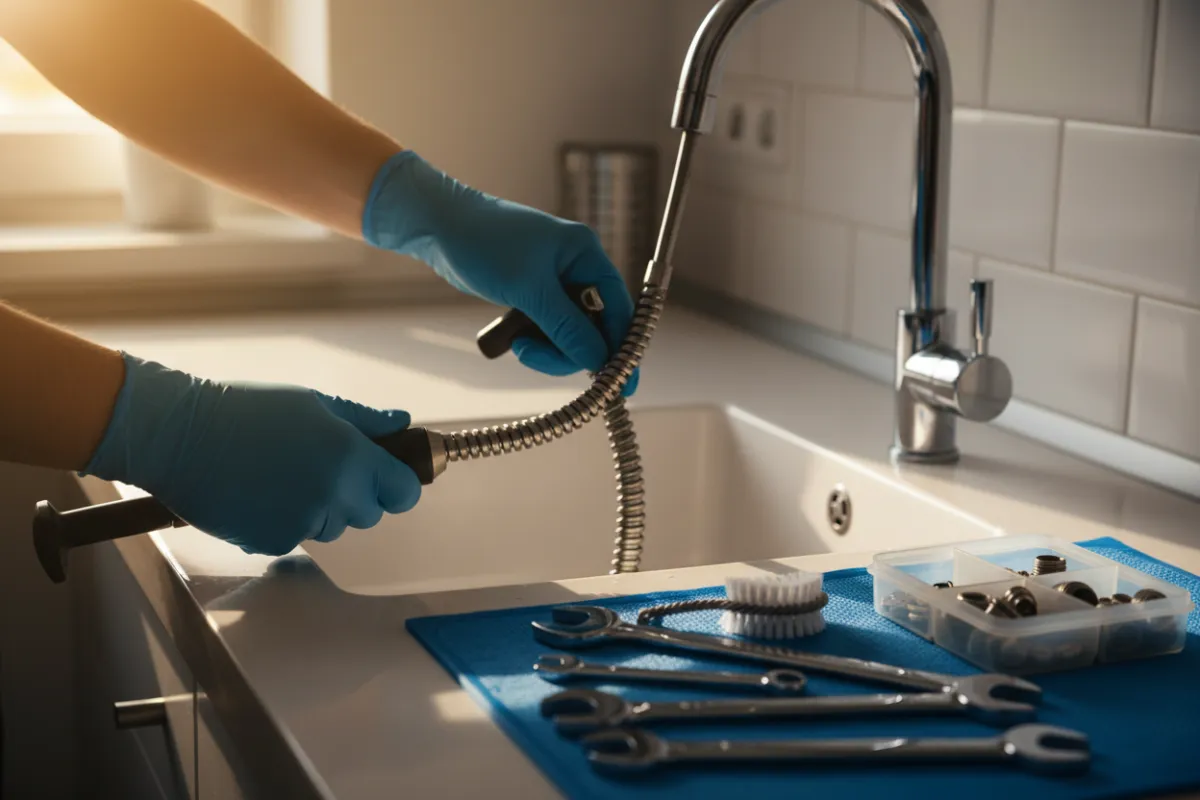 Technician clearing a kitchen sink drain with professional snake tool