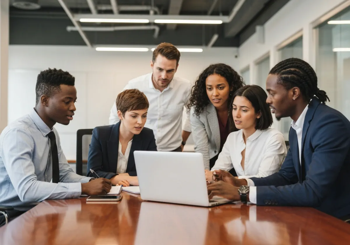 Group of diverse young professionals collaborating around a wooden conference table in a modern office, looking at a silver laptop and discussing, warm bright lighting