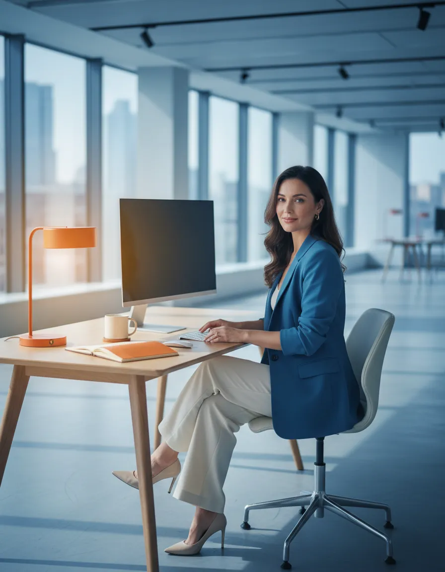 Professional person confidently navigating a modern workspace