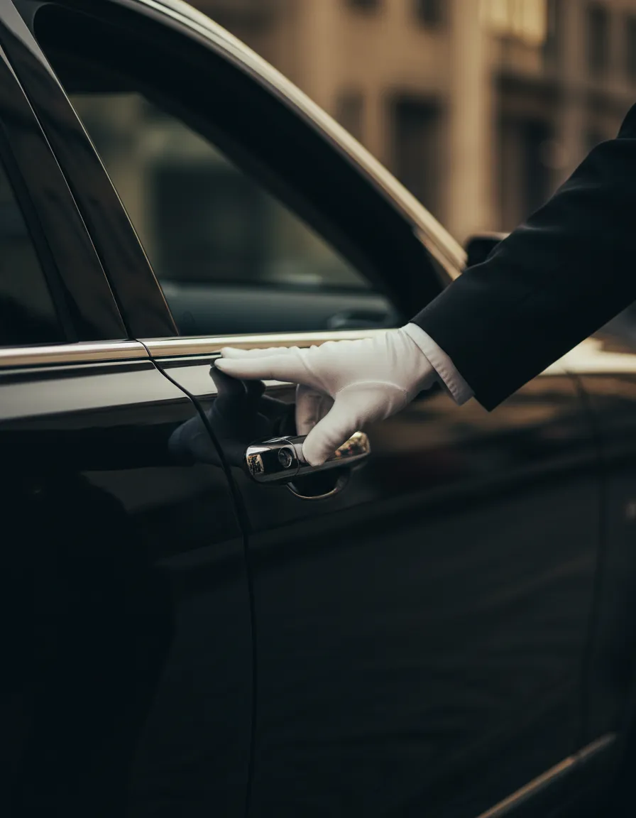 A professional chauffeur standing discreetly beside a luxury vehicle