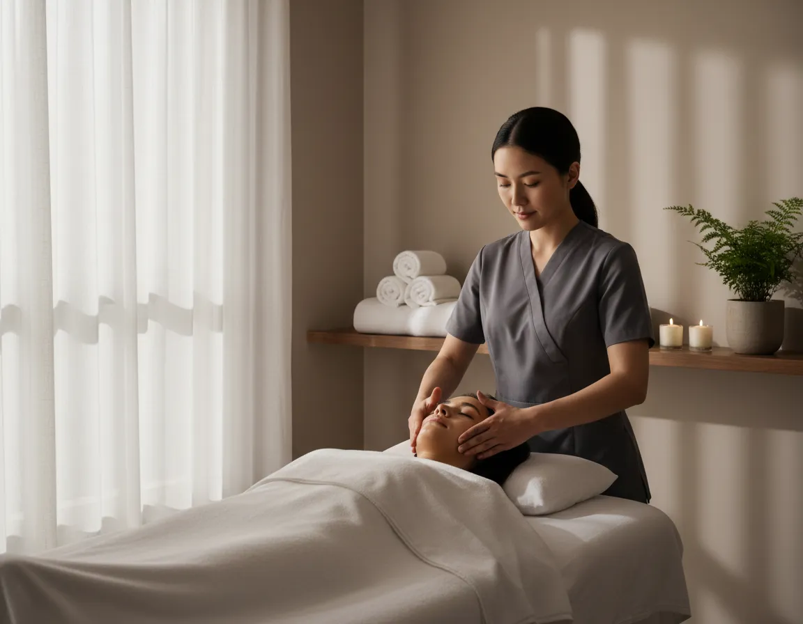 Therapist gently massaging a client's face in a calm spa room