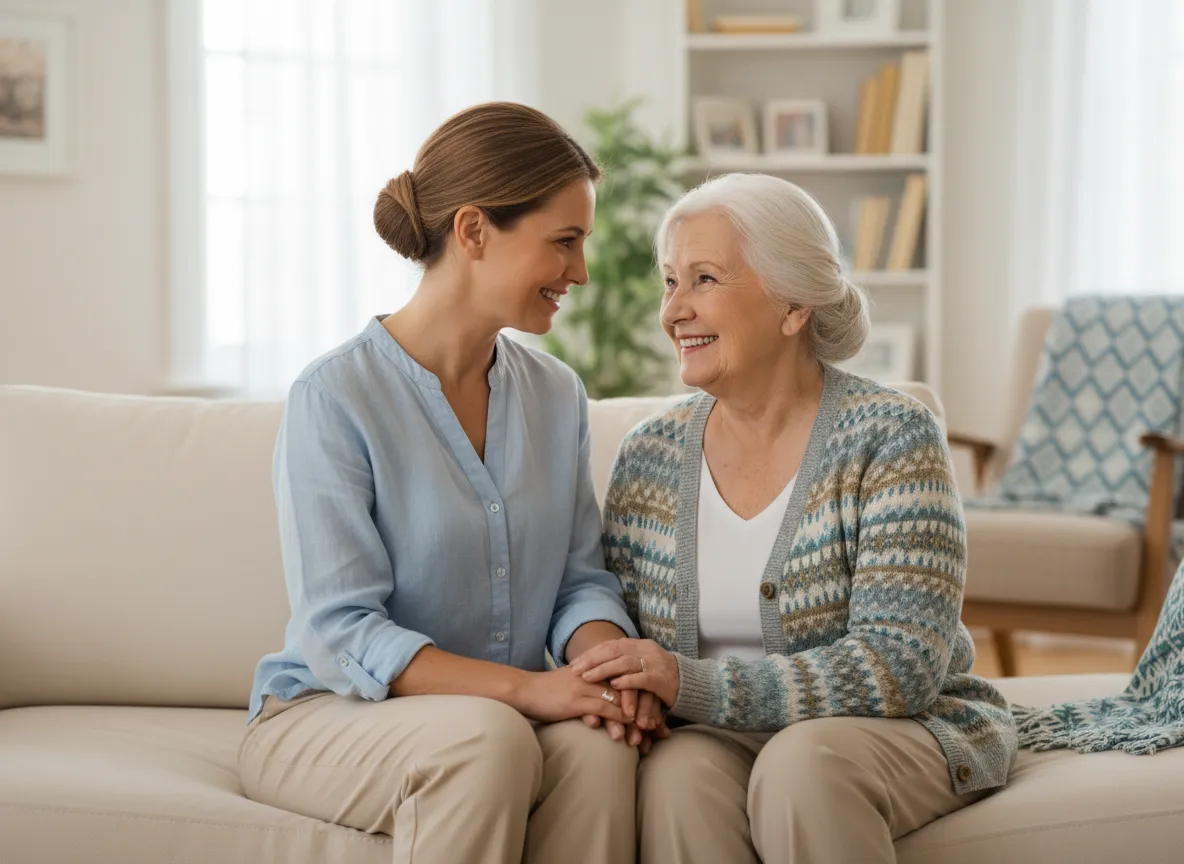 Caregiver holding hands with elderly woman in a warm home setting
