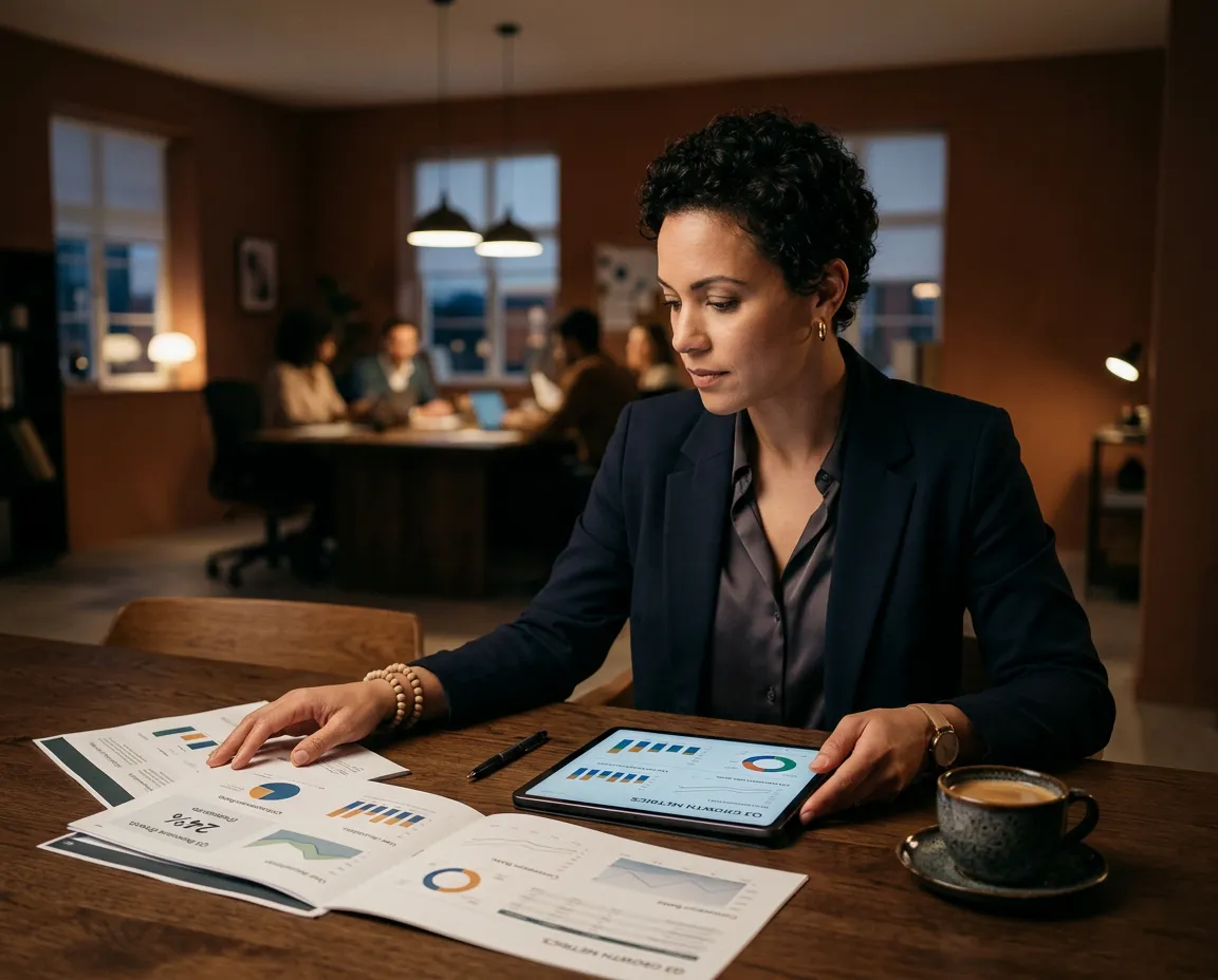 Executive founder analyzing quarterly metrics and performance dashboards in a modern minimalist boardroom