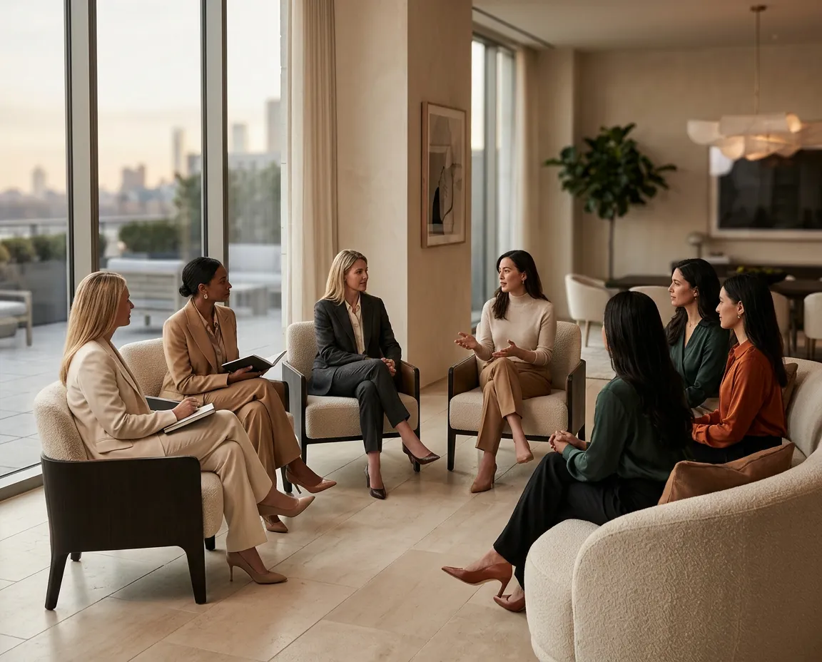 Diverse group of executive women engaged in collaborative discussion around a curated boardroom table
