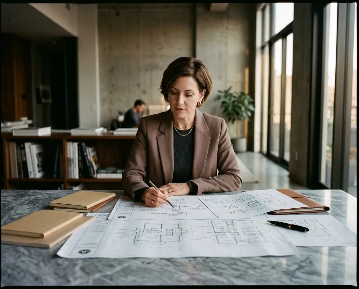 Executive woman reviewing high-level business strategy blueprints in a sunlit architectural studio