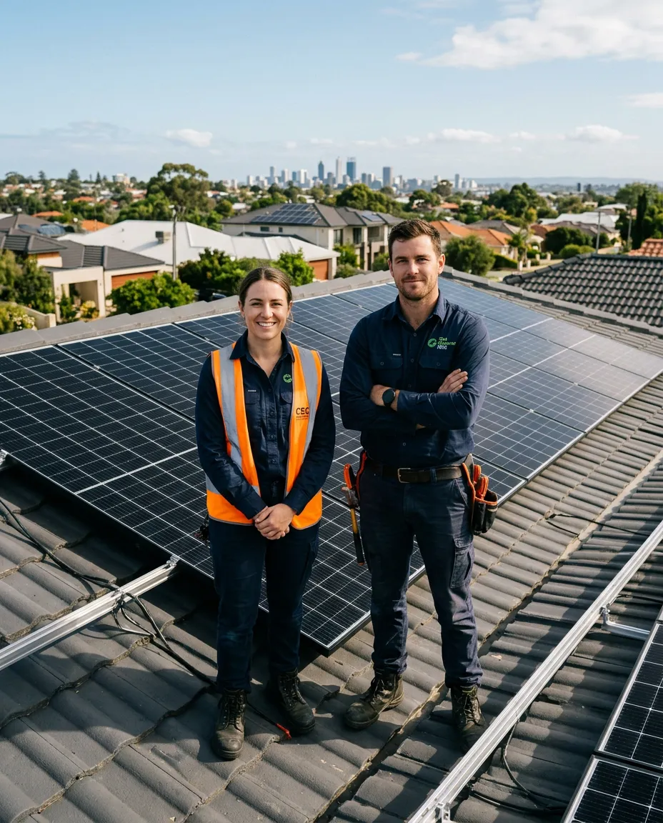 Get Greener NRG certified solar installation team working on a residential rooftop in Perth