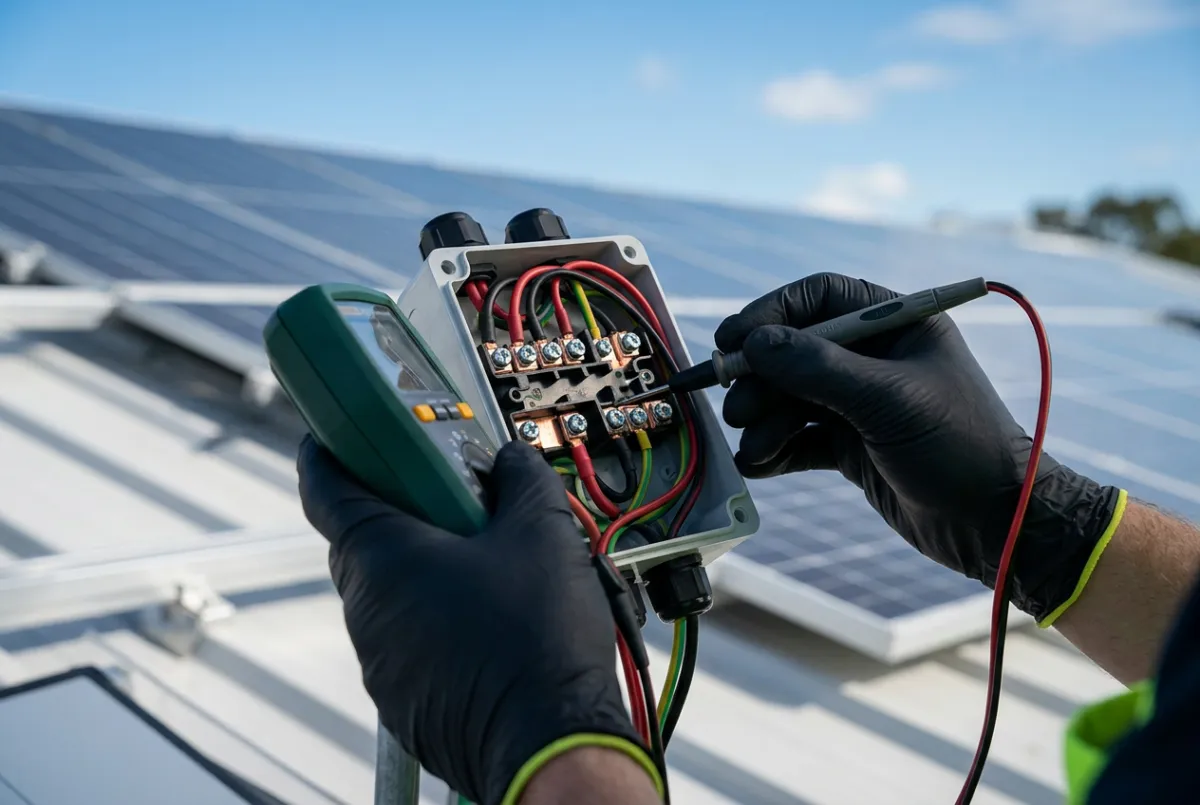 Licensed solar technician testing rooftop DC isolator and electrical terminals