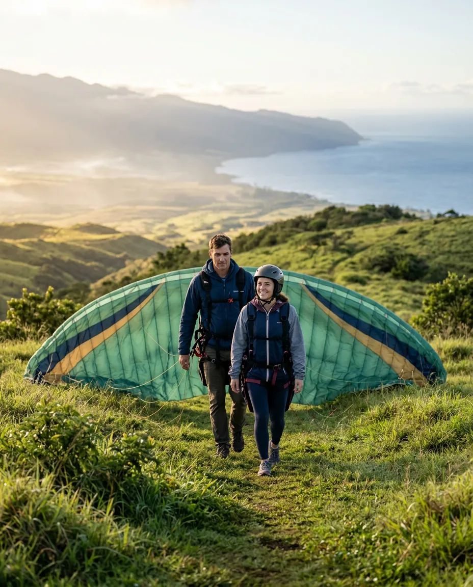 Tandem paragliding team calmly walking down a smooth grassy slope in Maui for a gentle takeoff