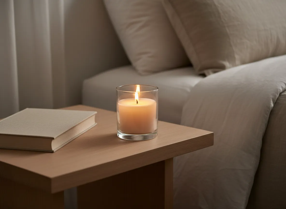 Candle burning on a bedside table with a book