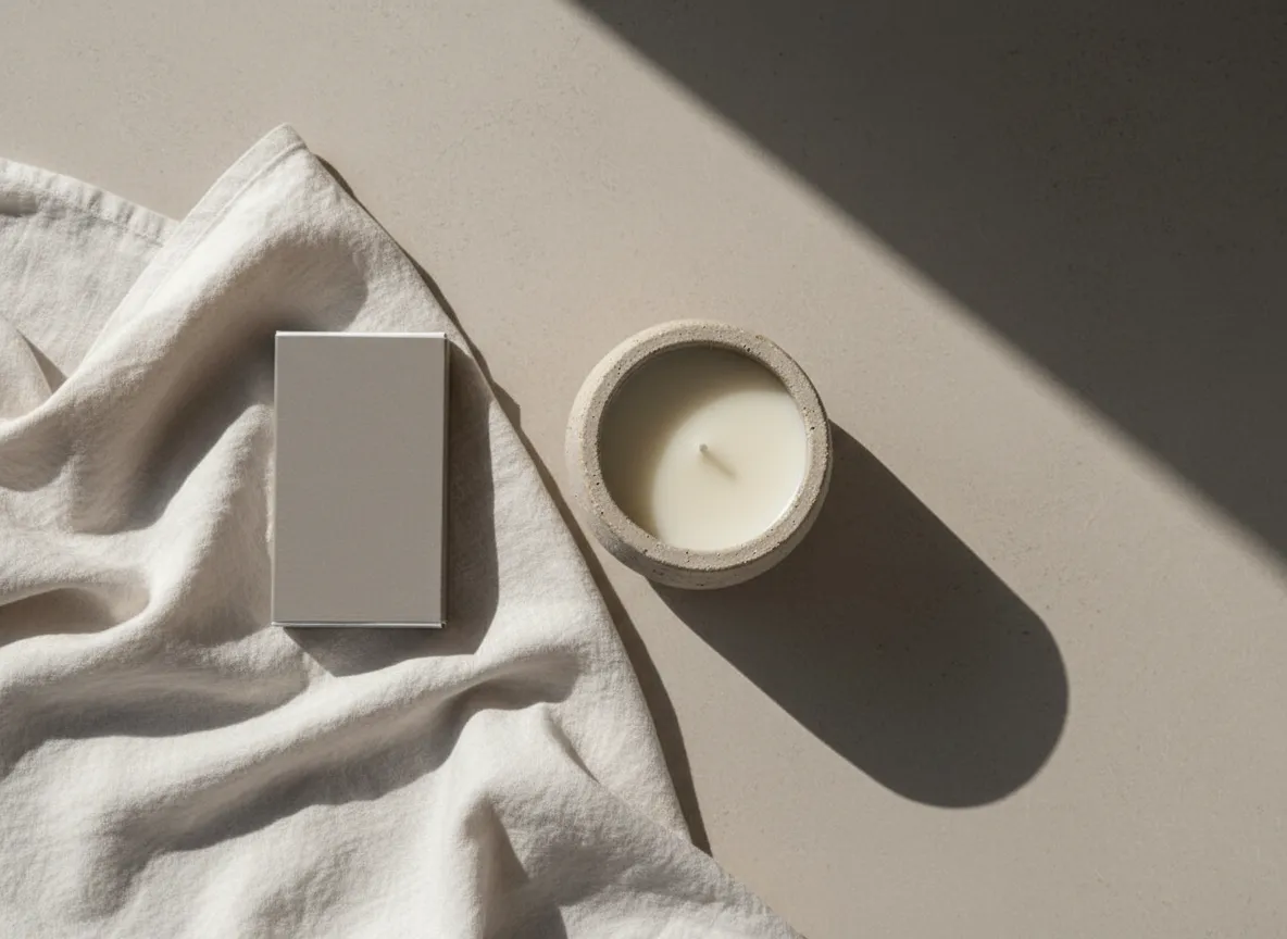 Candle and matchbox arranged with a linen cloth