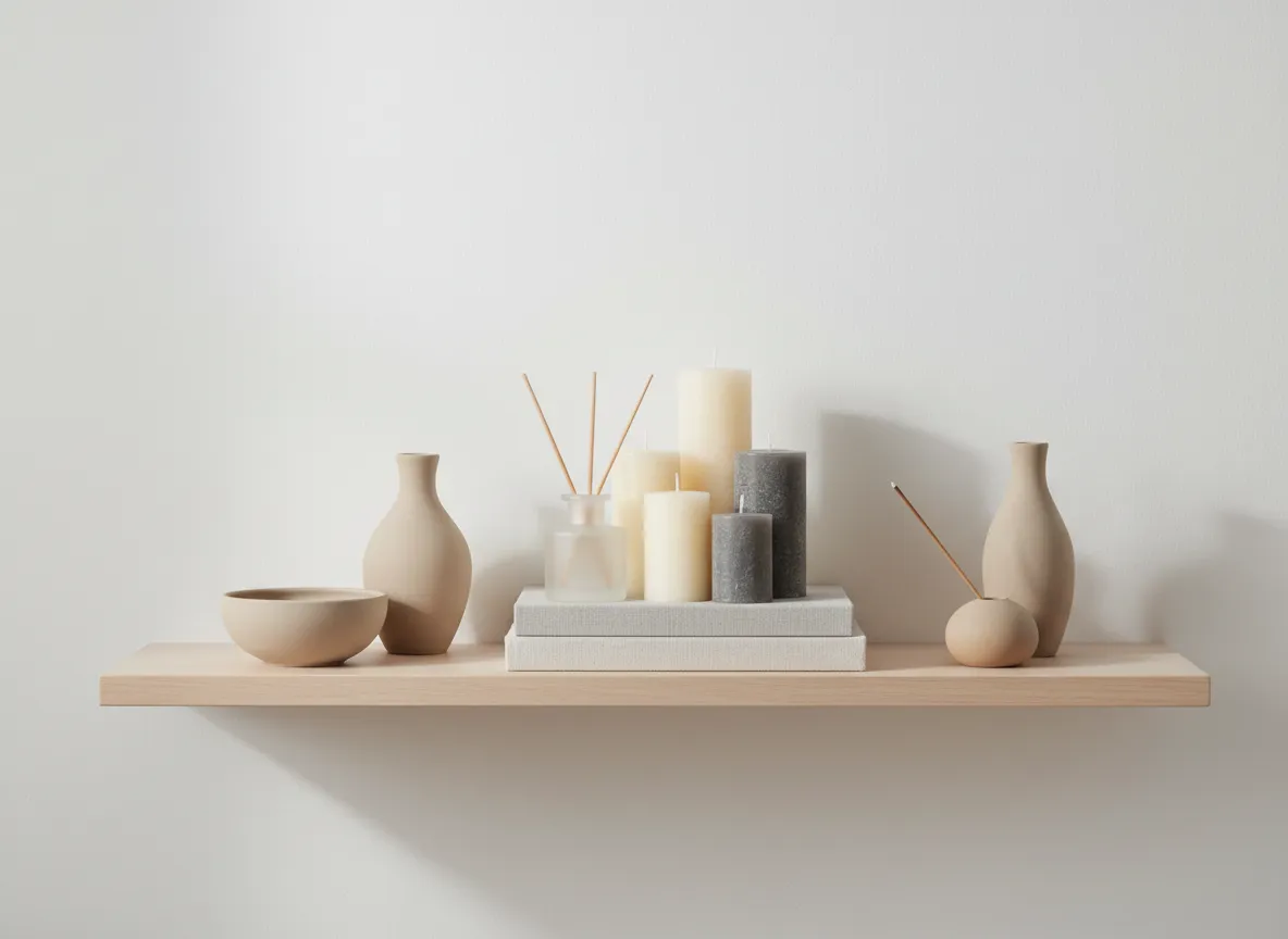 Layered candles and diffusers styled on a shelf