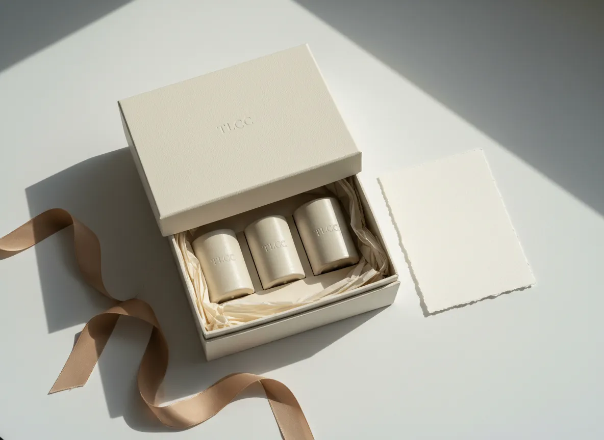 Elegant gift box with This Little Candle Co. candle set in a minimal, neutral-toned setting.