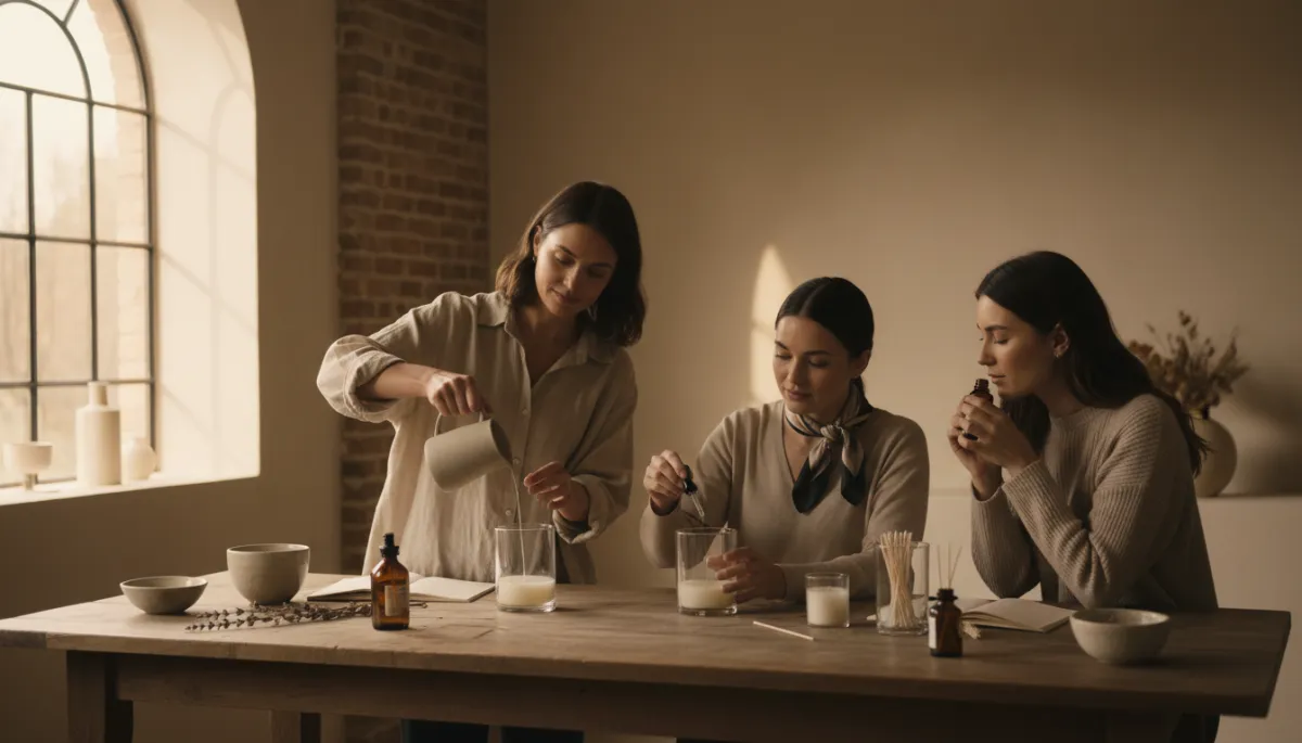 Guests pouring candles and selecting fragrances during a candle-making workshop