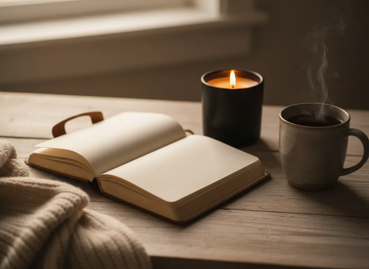 Shelf styled with books, ceramics, and candles