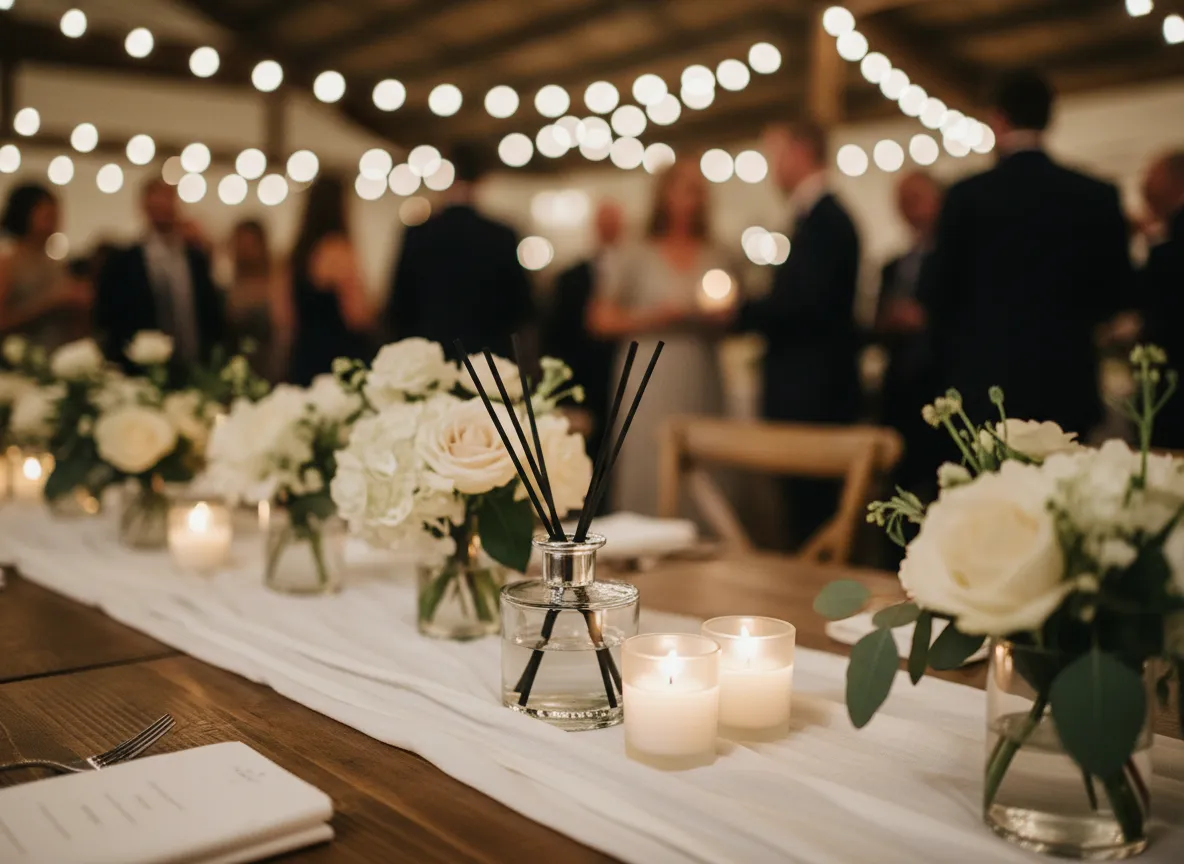 Editorial image of candles styled in a refined hospitality setting with soft lighting.