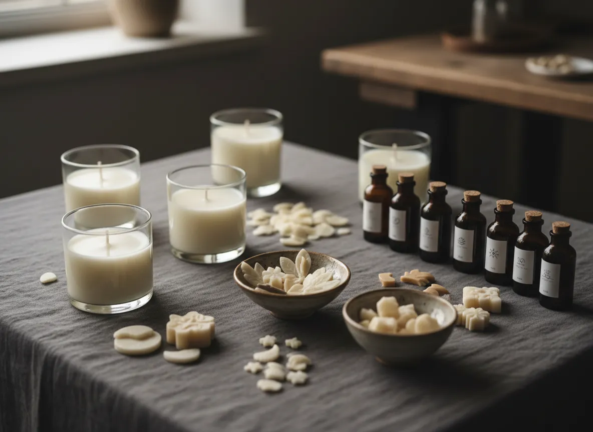 Fragrance oils, candle wax, and decorating materials arranged on a neutral tabletop