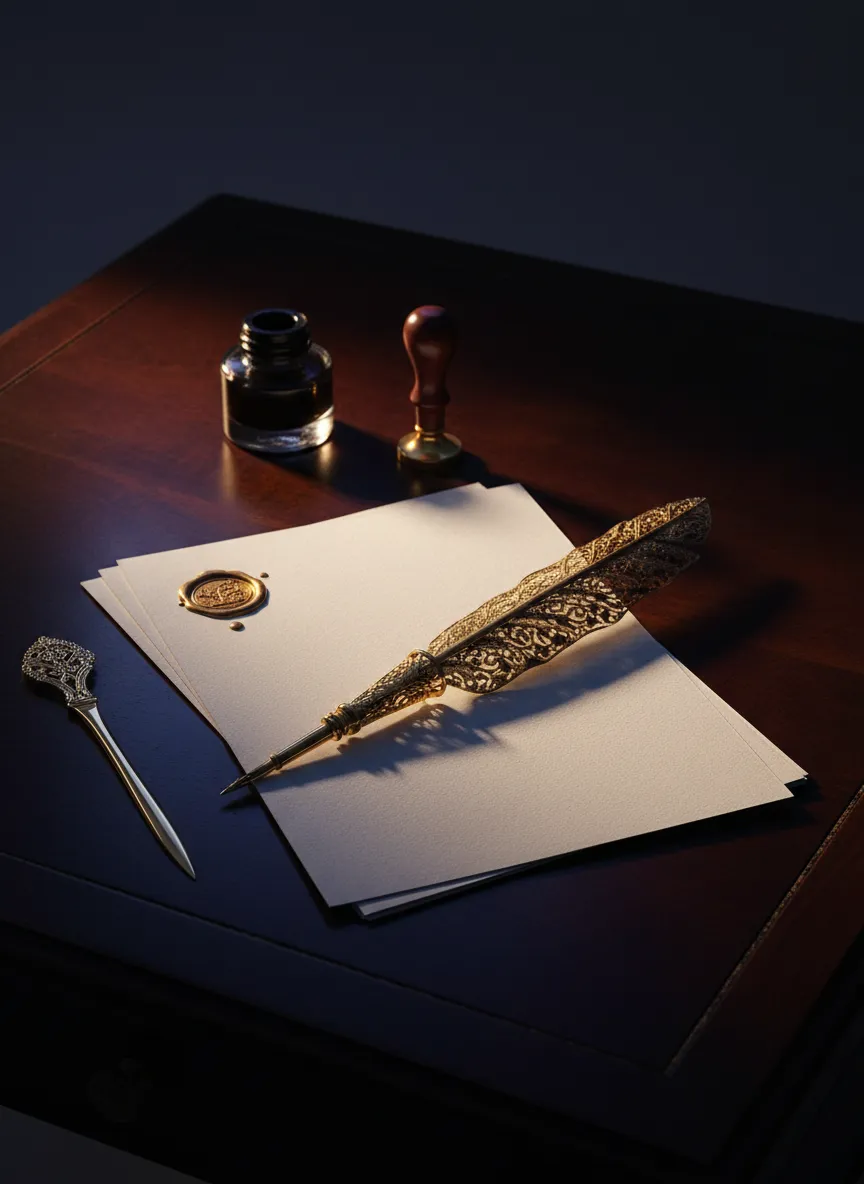 Détail de bureau parisien luxueux, plume et papier de correspondance
