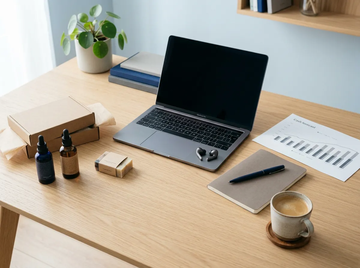 Overhead editorial photo of a tidy eCommerce founder desk with laptop, cash-forecast chart (no readable text), product samples, and a kraft shipping box; navy/light-blue/warm-grey palette with a small green plant accent