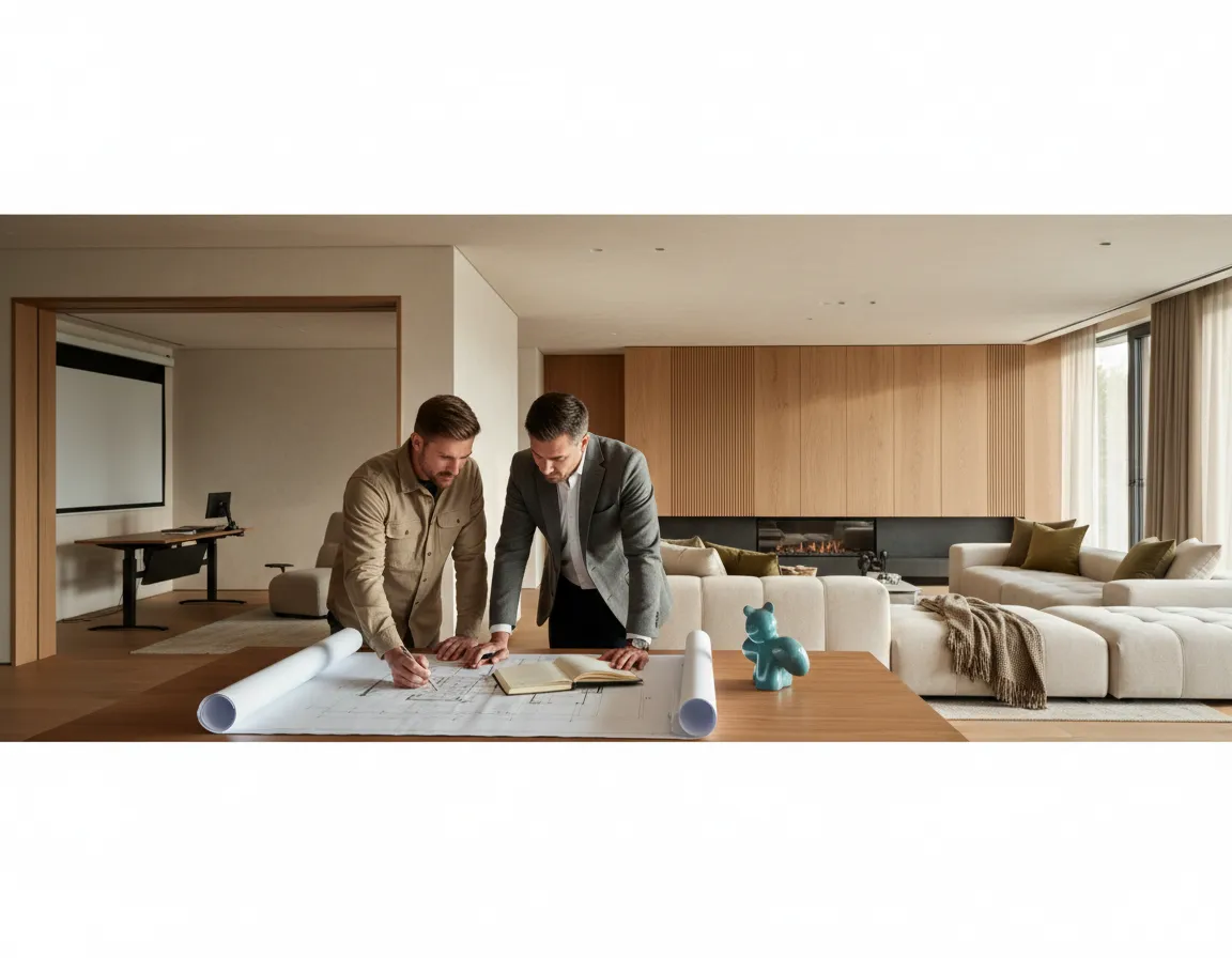 Builder and architect reviewing future-ready residential design plans
